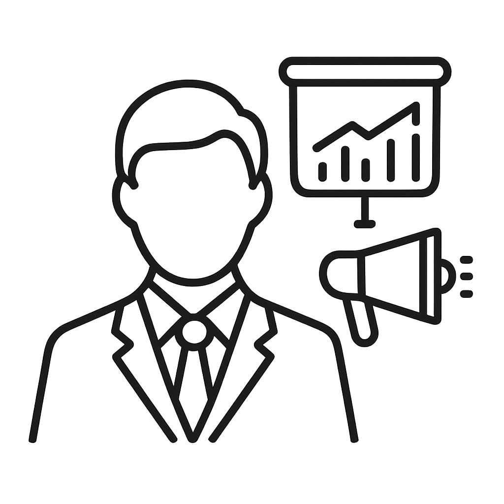 Here is the alt text for the image: Line art icons of a man, a poster, and a megaphone.